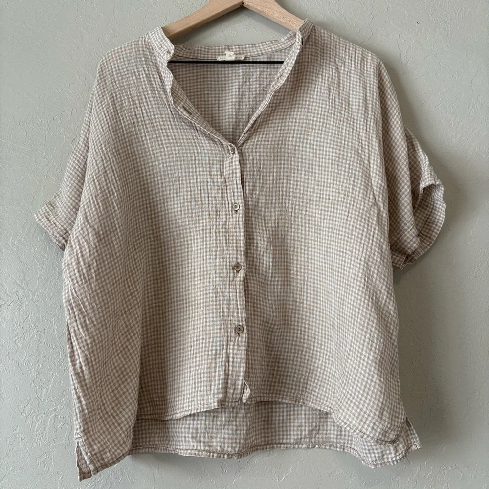Eileen Fisher Organic Linen Tan Gingham Boxy Top Size Large - Picture 2 of 5